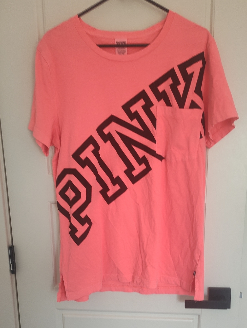 PINK Victoria's Secret Neon Pink Short Sleeve Pocket Tee with Black Logo